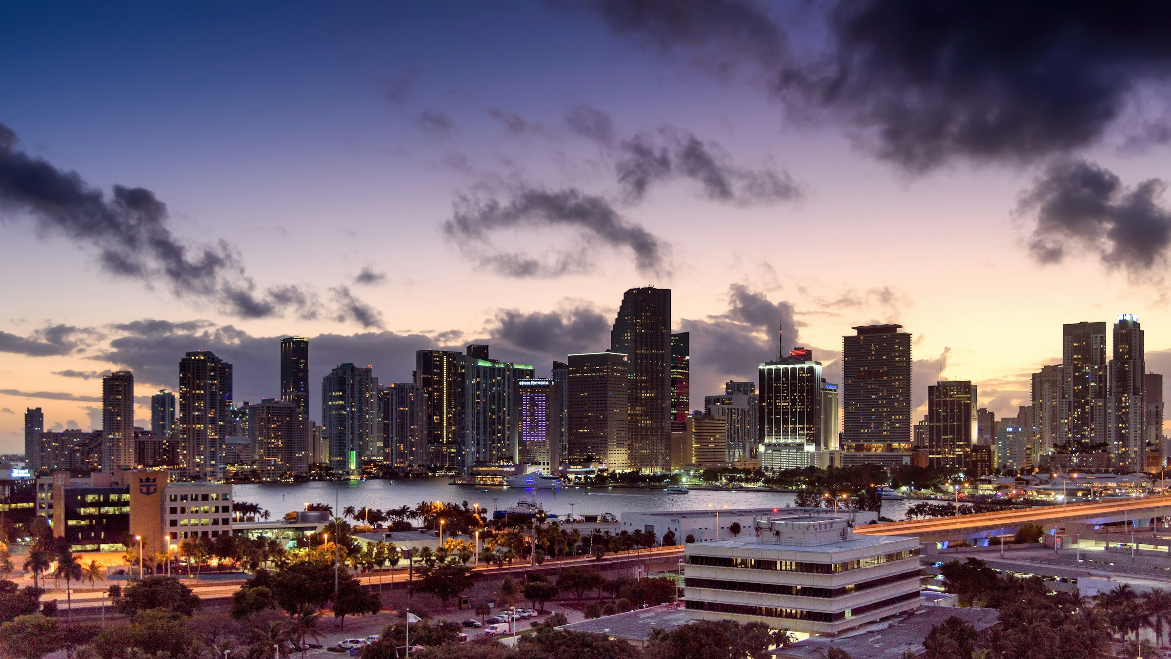 Miami’s waterfront skyline at dusk